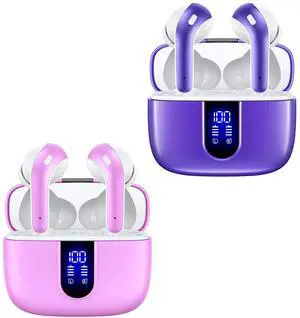 TAGRY 2 Sets X08 Sunset Pink and Phantom Purple Bluetooth Headphones True Wireless Earbuds 60H Playback Ear Buds with Wireless Charging Case in-Ear Earbuds with Mic