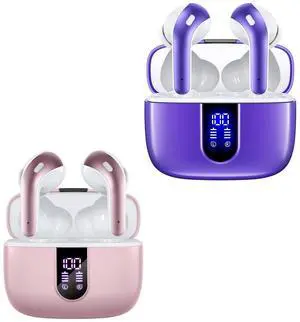 TAGRY 2 Sets X08 Pink and Phantom Purple Bluetooth Headphones True Wireless Earbuds 60H Playback Ear Buds with Wireless Charging Case in-Ear Earbuds with Mic