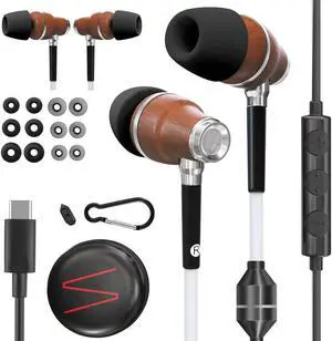 Symphonized Premium Wooden Airtube Headphones EMF Earbuds, 3D Sound, Microphone Volume Control, 8mm Bass Drivers Granting High Audio Quality for USB C Devices (Compatible with iPhone 15 &16)