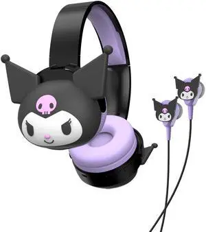 Hello Kitty 2-in-1 Wireless Bluetooth Headphones with Wired Earbuds  Foldable Over-Ear Headset with Built-in Mic, AUX Cable, Adjustable Headband, and Onboard Controls  Kuromi
