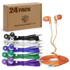 SP SOUNDPRETTY Bulk Earbud Headphones 24 Pack Mixed Colors School K-12 Wired Earphones Ear Buds Muti Packs for Classroom/Student/Tablets/Laptop