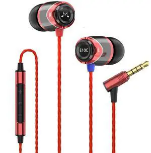 SoundMAGIC E10C Wired Earbuds with Microphone HiFi Stereo Earphones Noise Isolating in Ear Headphones Powerful Bass Tangle Free Cord Black Red
