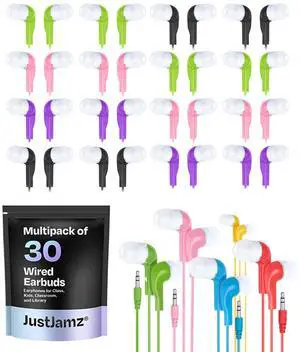 JustJamz Jelly Roll Bulk Earbuds  30 Pack Wired Ear Buds for Classroom, Students, and Kids with 3.5mm Jack  School Earphones, Chromebook Compatible, Multipack Class Set