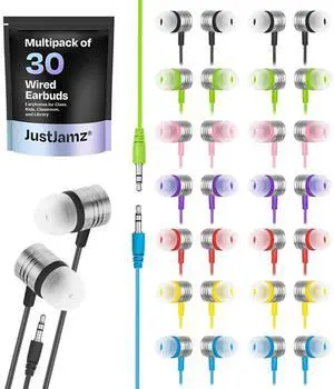 JustJamz Bulk Ear Buds Jelly Matte - 30 Pack of Colorful in-Ear Earbuds - Wired Earbuds - Stereo Sound - Silicone Earbud Tips - 3.5mm Stereo Multi-Color Earbuds for School, Classrooms, Libraries