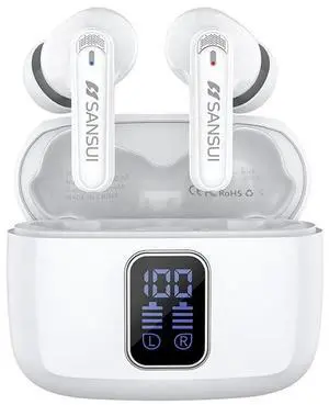 SANSUI W9 TWS Earbuds, Wireless 5.4, Sports Headphones, Low Latency Gaming, LED Display, Hi-Fi Stereo, 10MM Speaker, 23 Hours Playtime, with Charging Case (White)