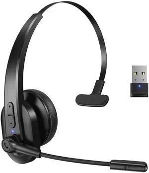 Sarevile Bluetooth Headset with USB Dongle for Computer, Single-Ear Wireless Headset with Noise Cancelling Microphone for Office & Truckers, Bluetooth V5.2 with Mute Button for Work