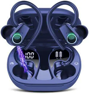 Wireless Earbuds,50H Stereo Ear Buds Dual LED Display, Bluetooth 5.3 Headphones Sport, 2025 Bluetooth Earbuds with 4 ENC Noise Canceling Mic, IP7 Waterproof Earphones with Earhooks for Running, Navy