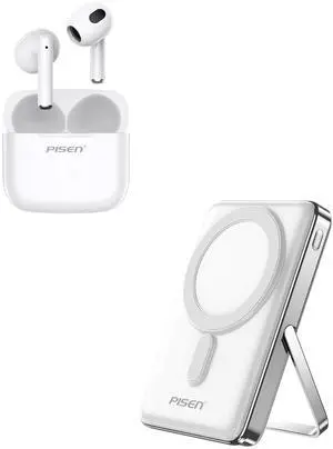PISEN Wireless Earbuds in-Ear Headphones & Mag-Safe Portable Power Bank, Bluetooth 5.3 Deep Bass Hi-Fi Stereo Ear Buds & 10000mAh Wireless Foldable Charger 30W PD Fast Charging Magnetic, White