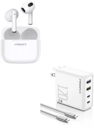 PISEN Wireless Earbuds in-Ear Headphones 120W USB C Charger, PPS 4-Port GaN USB C Charger Block Fast Charging with 6FT USB-C to C Cable & Bluetooth 5.3 Deep Bass Hi-Fi Stereo Ear Buds with Mic