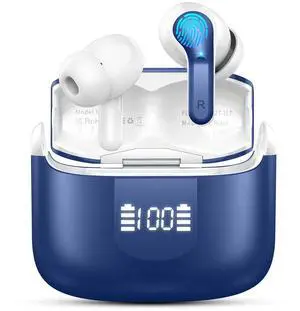 Wireless Earbud Bluetooth 5.4 Headphones, Hi-Fi Stereo Ear Buds with 4 ENC Cancelling Mics, 40H in-Ear Earphones IP7 Waterproof Sports, LED Display, Mini Headset for Laptop Pad TV Phones, Deep Blue