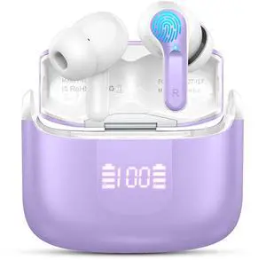 Wireless Earbud Bluetooth 5.3 Headphones, Hi-Fi Stereo Ear Buds with 4 ENC Cancelling Mics, 40H in-Ear Earphones IP7 Waterproof Sports, LED Display, Mini Headset for Laptop Pad TV Android/iOS, Purple