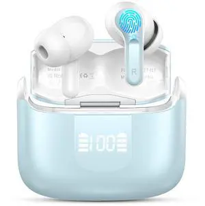 Wireless Earbud Bluetooth 5.4 Headphones, Hi-Fi Stereo Ear Buds with 4 ENC Cancelling Mics, 40H in-Ear Earphones IP7 Waterproof Sports, LED Display, Mini Headset for Laptop Pad TV Phones, Light Cyan