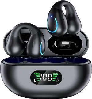 Open Ear Bone Conduction Headphones,True Wireless Bluetooth 5.3 Lightweight Comfort Clip On Earbuds with LED Digital Display Charging Case Sport Built-in Mic IPX7 Waterproof for Running Fitness,Black