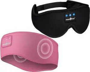 MUSICOZY Sleep Headphones Bluetooth Wireless Sports Headband, Sleeping Eye Mask Earbud for Side Sleepers Air Travel Meditation, Black Mask & Gray Headband, Pack of 2