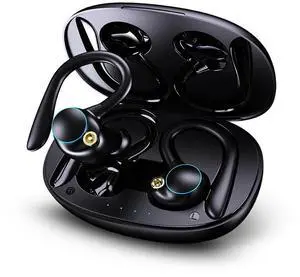 wireless earbuds workout earbud over ear running headphones with ear hooks 60Hrs playtime LED power display, IPX7 waterproof earbuds for android 13MM bass premium sound gym headphones (Black)