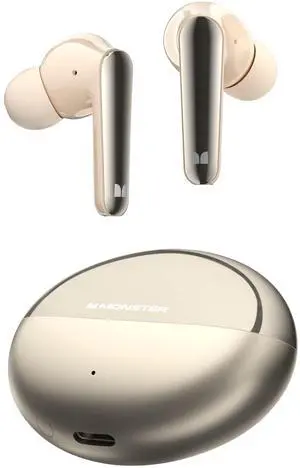 Monster N-Lite 203 AirLinks Wireless Earbuds, Bluetooth 5.3 Hi-Fi Stereo Sound, 30 Hours Playback, Type-C Fast Charging, HD Clear Calls, Touch Control, IPX6 Waterproof in-Ear Headphones (Golden)