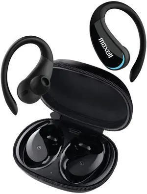 Maxell True Wireless Earbuds with Earhooks - 15H Battery Life, Bluetooth 5.0, Noise Isolating, Heavy Bass, Call Functions - TWS Bluetooth Earphones with Charging case for Sport, Running, Workout