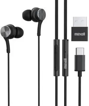 Maxell USB-C Wired Earbuds with USB-A Adapter, Built-in Microphone with Volume and Track Control, Compatible with All Devices with a USB-C and/or USB-A Port, Immersive Digital Chipset, Black, 197299