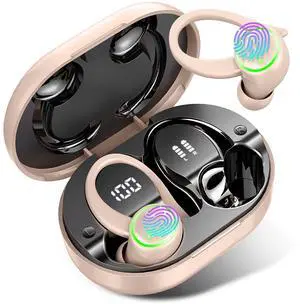 Wireless Earbuds, Bluetooth 5.4 Headphones with Noise Cancelling Mic, Bass Stereo Bluetooth Earphones 50Hrs with LED Display, IP7 Waterproof Earbuds with Earhooks, Over Ear Buds for Sports, Light Pink