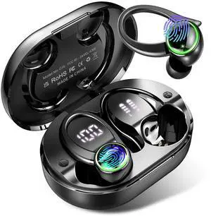 Kuizil Wireless Earbuds, Bluetooth 5.4 Headphones with Noise Cancelling Mic, Bass Stereo Earphones 50Hrs with LED Display, IP7 Waterproof Earbuds with Earhooks, Ear Buds for Sports, Black