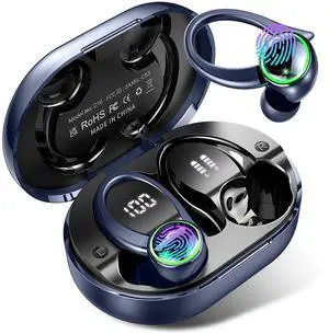 Wireless Earbuds, Bluetooth 5.3 Headphones with Noise Cancelling Mic, Bass Stereo Bluetooth Earphones 50Hrs with LED Display, IP7 Waterproof Earbuds with Earhooks, Over Ear Buds for Sports, Deep Blue