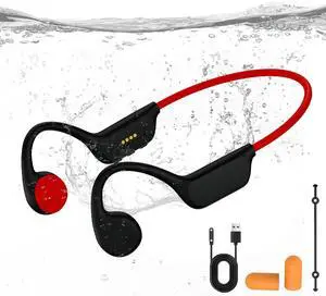 Bone Conduction Swimming Headphones, IPX8 Waterproof MP3 Player with Open-Ear Design, Bluetooth 5.4 Wireless Sports Earbuds for Swimming, Running, Cycling (Red)