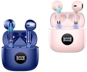 Jxrev J53 2 Pack Dark Blue and Pink Wireless Earbuds, Bluetooth Ear Buds LED Power Display Headphones Bass Stereo, Earbuds in-Ear Noise Cancelling Mic, 40H Playback Mini Case