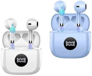 Jxrev 2 Pack White and Purple Wireless Earbuds, Wireless Earbuds, Bluetooth Ear Buds LED Power Display Headphones Bass Stereo, Bluetooth Earbuds in-Ear Noise Cancelling Mic, 40H Playback Mini Case