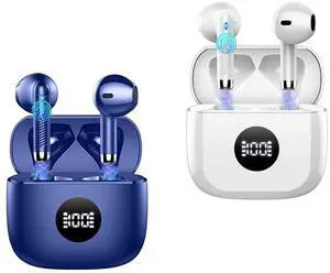 Jxrev J53 2 Pack Dark Blue and White Wireless Earbuds, Bluetooth Ear Buds LED Power Display Headphones Bass Stereo, Earbuds in-Ear Noise Cancelling Mic, 40H Playback Mini Case