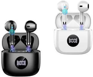 Jxrev J53 2 Pack Black and White Wireless Earbuds, Bluetooth Ear Buds LED Power Display Headphones Bass Stereo, Earbuds in-Ear Noise Cancelling Mic, 40H Playback Mini Case