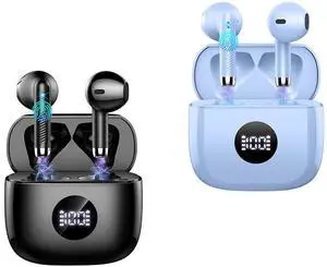 Jxrev 2 Pack Black and Purple Wireless Earbuds, Wireless Earbuds, Bluetooth Ear Buds LED Power Display Headphones Bass Stereo, Bluetooth Earbuds in-Ear Noise Cancelling Mic, 40H Playback Mini Case