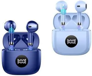 Jxrev J53 2 Pack Dark Blue and Purple Wireless Earbuds, Bluetooth Ear Buds LED Power Display Headphones Bass Stereo, Earbuds in-Ear Noise Cancelling Mic, 40H Playback Mini Case