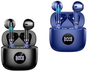Jxrev J53 2 Pack Black and Dark Blue Wireless Earbuds, Bluetooth Ear Buds LED Power Display Headphones Bass Stereo, Earbuds in-Ear Noise Cancelling Mic, 40H Playback Mini Case