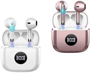 Jxrev 2 Pack White and Rose Wireless Earbuds, Wireless Earbuds, Bluetooth Ear Buds LED Power Display Headphones Bass Stereo, Bluetooth Earbuds in-Ear Noise Cancelling Mic, 40H Playback Mini Case