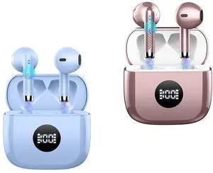 Jxrev 2 Pack Purple and Rose Wireless Earbuds, Bluetooth LED Power Display Headphones Bass Stereo, in-Ear Noise Cancelling Mic, 40H Playback Mini Case