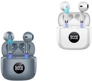 Jxrev 2 Pack Dark Grey and White Wireless Earbuds, Wireless Earbuds, Bluetooth Ear Buds LED Power Display Headphones Bass Stereo, Bluetooth Earbuds in-Ear Noise Cancelling Mic, 40H Playback Case