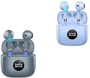 Jxrev 2 Pack Dark Grey and Purple Wireless Earbuds, Wireless Earbuds, Bluetooth Ear Buds LED Power Display Headphones Bass Stereo, Bluetooth Earbuds in-Ear Noise Cancelling Mic, 40H Playback Case
