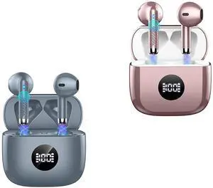 Jxrev 2 Pack Dark Grey and Rose Gold Wireless Earbuds, Wireless Earbuds, Bluetooth Ear Buds LED Power Display Headphones Bass Stereo, Bluetooth Earbuds in-Ear Noise Cancelling Mic, 40H Playback