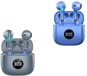 Jxrev 2 Pack Dark Grey and Dark Blue Wireless Earbuds, Bluetooth 5.0 Wireless Earbuds with LED Power Display, 40H Playtime, IP7 Waterproof, Noise Cancelling Mic, In-Ear Headphones