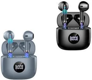 Jxrev 2 Pack Dark Grey and Black Wireless Earbuds, Wireless Earbuds, Bluetooth Ear Buds LED Power Display Headphones Bass Stereo, Bluetooth Earbuds in-Ear Noise Cancelling Mic, 40H Playback Case