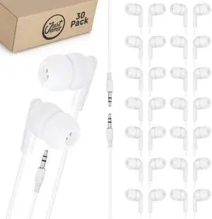 Pearl White In-Ear Earbuds, 30 Pack Disposable Earphones, Affordable Headphones, 3.5 MM Audio Jack for Schools, Kids, Classrooms & Libraries