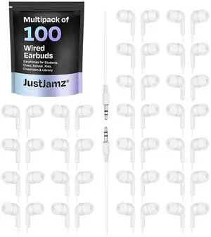 JustJamz Pearl White Bulk Headphones 100 Pack  Wired Earbuds Bulk for Classroom, Schools, and Students  Disposable Ear Buds for Kids and Adults  3.5mm Jack, Comfortable Fit, Tangle-Free Design