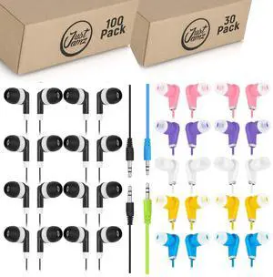 JustJamz 130 Bulk Earbuds Bundle: 100 Black Dot Wired Earphones + 30 Multicolor in-Ear Headphones | Disposable Classroom Earphones for Students, Kids, Libraries, and School Activities