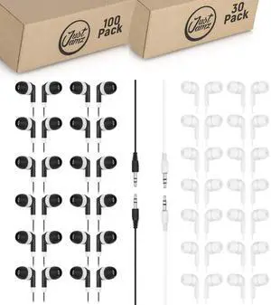 JustJamz 130 Bulk Wired Earbuds Bundle: 100 Black Dot Disposable Earphones + 30 Pearl White Wired Earbuds | Affordable in-Ear Headphones for Schools, Libraries, and Classrooms