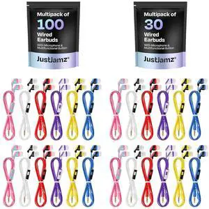 JustJamz Color Calls 130-Pack Bulk Wired Earbuds with Microphone: 100-Pack + 30-Pack Multi-Color in-Ear Headphones with Mic | Affordable Wired Earphones for Schools, Classrooms, Libraries, and Kids