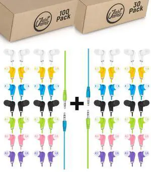 JustJamz 130-Pack Bulk Wired Earbuds | 100 Bits + 30 Bits Multi-Colored Assorted Earbuds with 3.5mm Jack | Comfortable, Durable in-Ear Headphones for Schools, Classrooms, Libraries, and Events