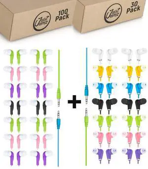 130-Pack Bulk Wired Earbuds | 100 Jelly Roll Multicolored Earbuds + 30 Bits In-Ear Wired Earphones | Comfortable, Durable Headphones with 3.5mm Jack for Schools, Classrooms, Libraries, and Events