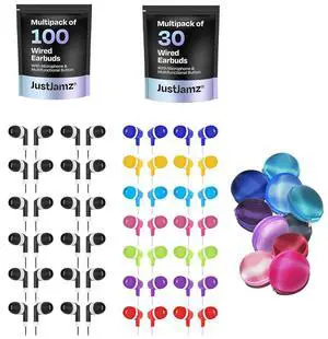 JustJamz 140 Bulk Wired Earbuds with Storage Case | Wired Earbuds 30 Pack & 100 Pack | Disposable in-Ear Headphones for Classroom, Students, Library | Earphones Wired with Ear Buds Bulk Case for Kids