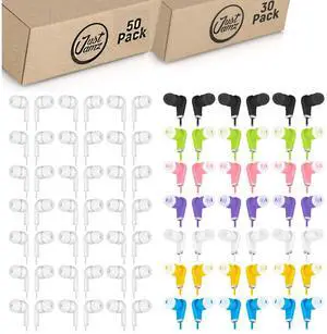 JustJamz 80 Bulk Earbuds Bundle: 50 Pearl White Wired Earbuds + 30 Multicolor Wired Earphones | Affordable in-Ear Headphones for Schools, Classrooms, Libraries, and Students