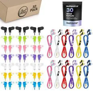 60 Bulk Wired Earbuds Bundle: 30 Multi-Color Earphones with Microphone + 30 Multi-Color Disposable Wired Earbuds (No Mic) | Affordable In-Ear Headphones for Schools, Libraries, Classrooms, and Events
